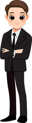 Flat icon with cute businessman cartoon character in office style smart black suit and crossed arms pose.