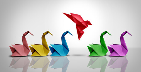 Innovative thinker concept and new idea thinking as a symbol of revolutionary innovation and inspiration metaphor as a group of paper swans and a game changer origami bird in flight.  - obrazy, fototapety, plakaty