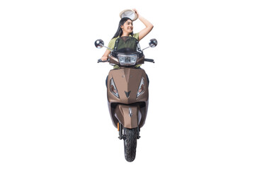 Asian woman sitting on a scooter and taking off hat