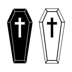 Obraz premium Coffin icons set. Wooden coffin black icon with cross. Coffin isolated symbol. Vector illustration.