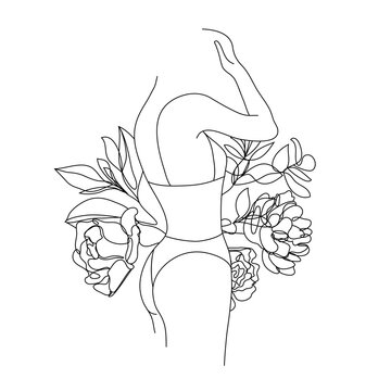 recommend clip art: Vector abstract female figure, woman body illustration. Line art print. Flowers and leaves decoration. Woman silhouette, print, card, logo, poster. Body positive.