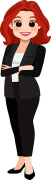 Businesswoman Clipart, Female Character, Girl Avatar, Diverse People, Crossed Arms Pose, Black Suit-PNG