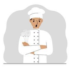 Screaming cook holds a kitchen cutlery set in his hand. Profession.