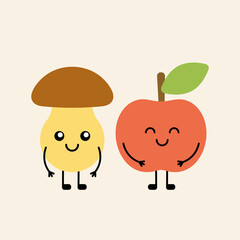Cute mushroom and apple in kawaii style. Cartoon autumn concept, vector simple flat symbols. Harvest, autumn, fruit, plant. Color design for logos, patches, stickers, icons, printing.