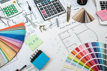 desktop design with house visualization and color swatches without swatches by hand calculator