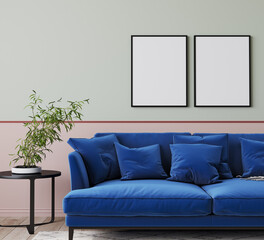 Modern living room design, blue sofa on bright interior background, 3d render 
