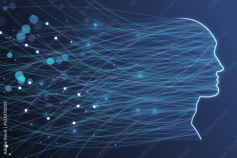 Aufkleber Abstract digital head outline with glowing lines and blurry bokeh circles on blue backdrop. Technology, future, ai and machine learning concept. 3D Rendering.