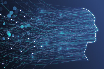 Abstract digital head outline with glowing lines and blurry bokeh circles on blue backdrop. Technology, future, ai and machine learning concept. 3D Rendering.