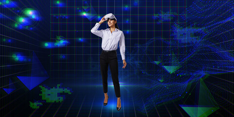 Thoughtful young european businesswoman with VR glasses standing on creative glowing wide blue metaverse background. Cyberspace, augmented reality, future and technology concept.
