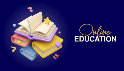 Online eduction banner on dark background. Vector 3d render books library concept. Abstract design template - 523470098