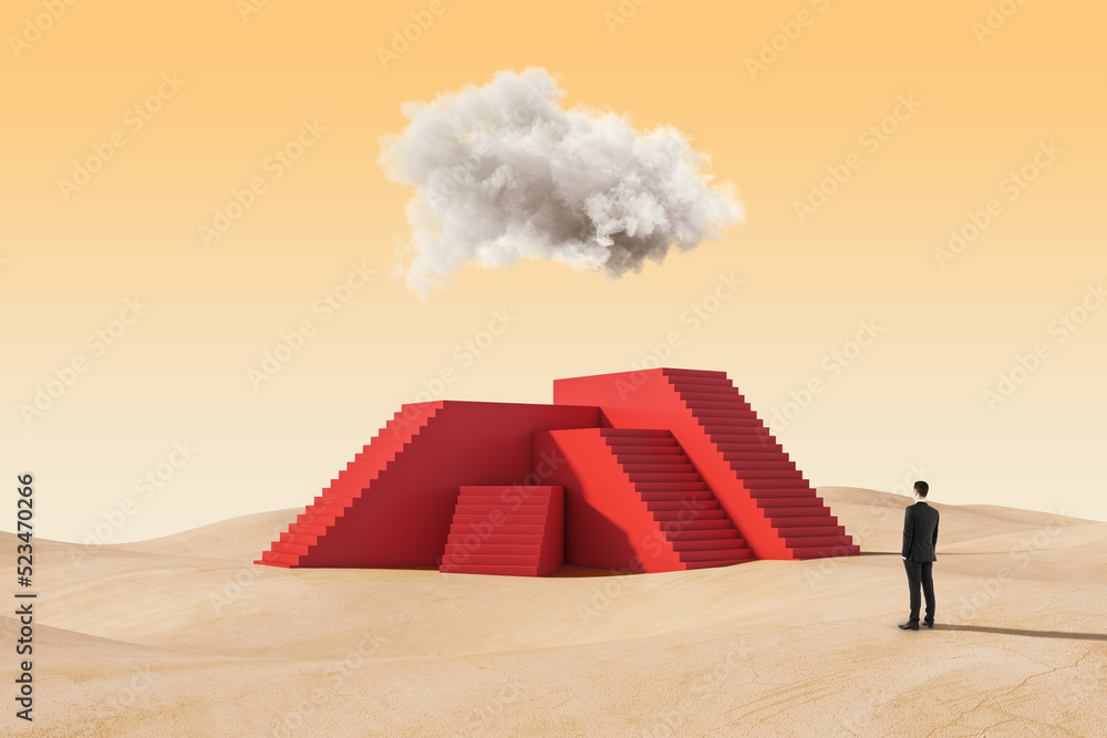 Poster abstract conceptual image of businessman thinking with red stairs under cloud in desert. challenge c