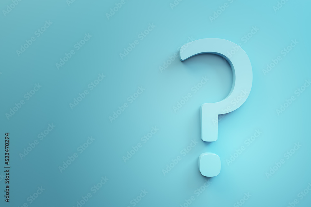 Poster Creative abstract question marks on blue wallpaper with mock up place. Ask, solution and FAQ concept. 3D Rendering.