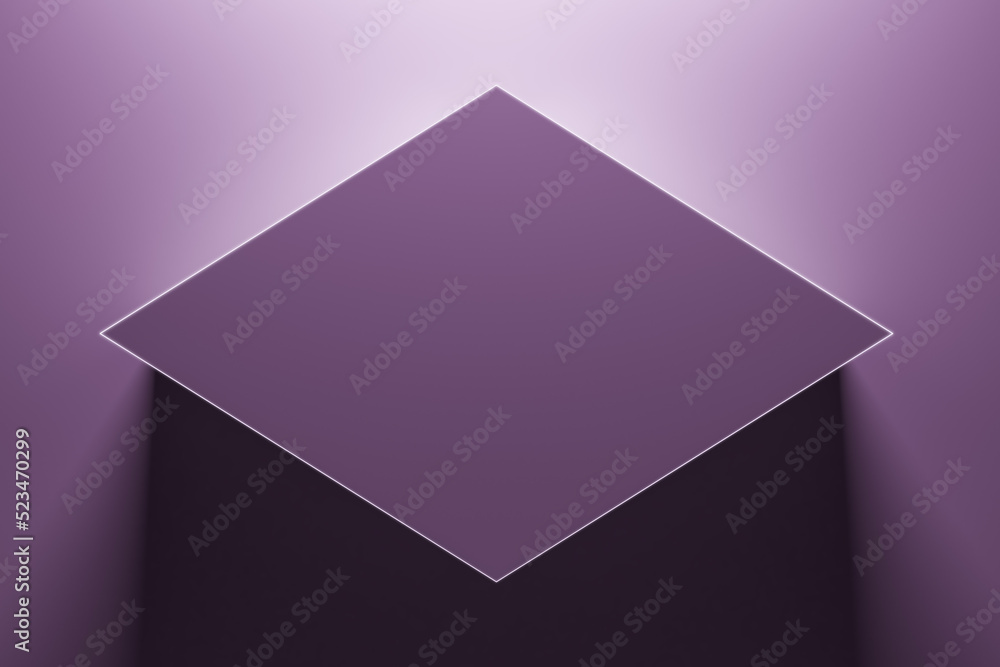Poster Creative illuminated purple rhombus with mock up place on background. 3D Rendering.