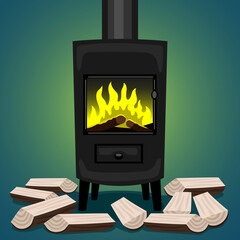 Fire in a wood stove and firewood on a blue background