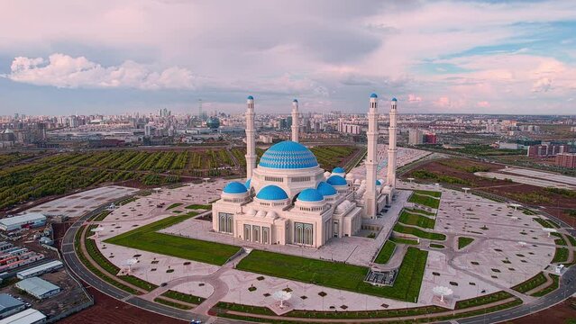 Nur-Sultan, Kazakhstan - August 8, 2022: largest mosque in Central Asia, Astana Aerial drone view.