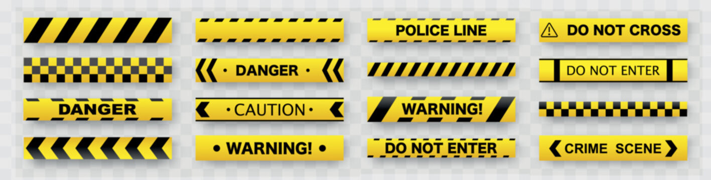 Black and yellow line striped background. Yellow black arrow line. Caution tape. Police tape set. Stripe line background. Warn Caution symbol. Vector illustration