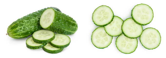 Sliced cucumber isolated on white background with full depth of field. Set or collection