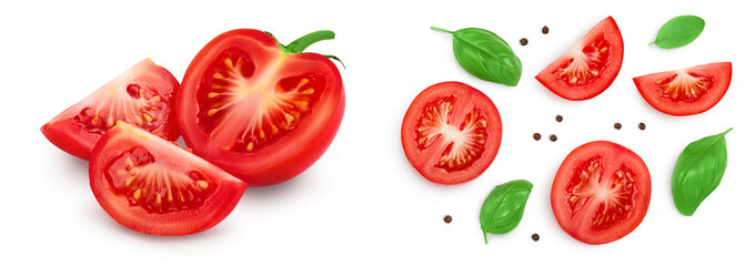 Tomato half and slices isolated on white background with depth of field. Set or collection
