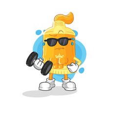 sunscreen lifting dumbbell vector. cartoon character