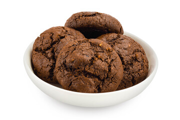 chocolate cookies in ceramic bowl isolated on white background with full depth of field