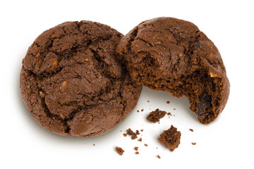 chocolate cookies broken isolated on white background with full depth of field. Top view. Flat lay