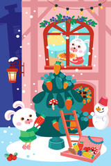 Cute mother rabbit in dress and apron carries Christmas cake. Bunny in dress decorates Christmas tree with toys. Characters on background. Single composition, scene in cartoon style.