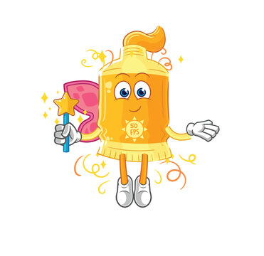 Sunscreen Fairy With Wings And Stick. Cartoon Mascot Vector