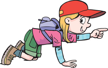 Girl explorer is kneeling and pointing her finger in the direction