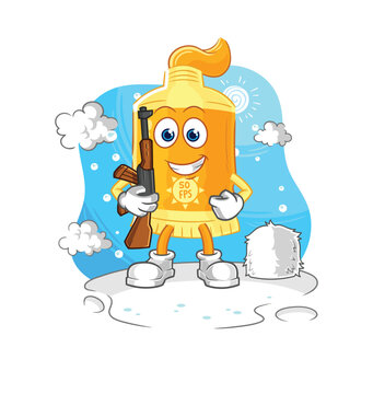 Sunscreen Soldier In Winter. Character Mascot Vector