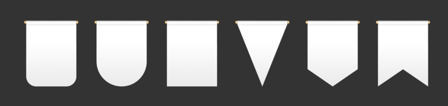 Empty white bunting rounded and straight pennants. Realistic pennants and flag with wooden pole. Bunting flags mock up. Blank realistic templates. Vector illustration isolated on black background.