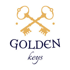 Golden key. Old crossed keys, lock, house or love emblem. Used for traditional style, service, logo templates, real estate