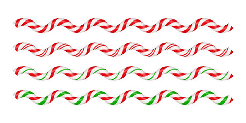 Christmas candy cane wave lines with red, green and white striped. Xmas lines with striped candy lollipop pattern. Christmas and new year element. Vector illustration isolated on white background.