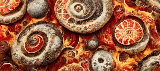 Deep dish ammonite pepperoni pizza in delectable surrealism - cravings of thicker cheddar cheese and dreams of more tomato paste swirls. Red hot and  very unusual creative patterns series. - obrazy, fototapety, plakaty