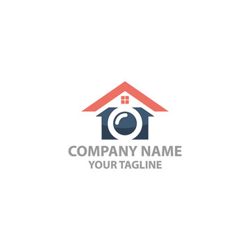 Home photo logo design combination of the camera shutter and house roof with abstract line style.