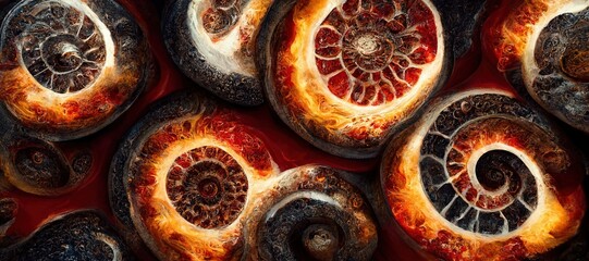 Deep dish ammonite pepperoni pizza in delectable surrealism - cravings of thicker cheddar cheese and dreams of more tomato paste swirls. Red hot and  very unusual creative patterns series.