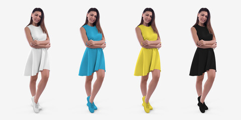 Mockup of a summer dress wave on a girl in moccasins, with folded hands, isolated on background,...