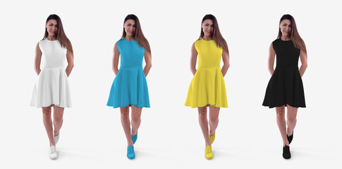 Mockup of white, black, blue, yellow sundress on a girl in moccasins walking and isolated on...