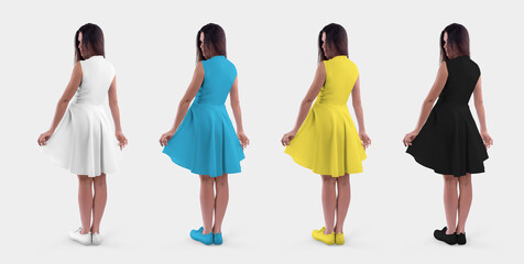 Mockup of a white, black, blue, yellow sundress wave on a girl in moccasins, a puffy open skirt,...
