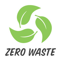 Zero waste labels flat icon. Cartoon logo for eco activism vector illustration. Green recycling arrows and leaves. Planet and ecological protection concept