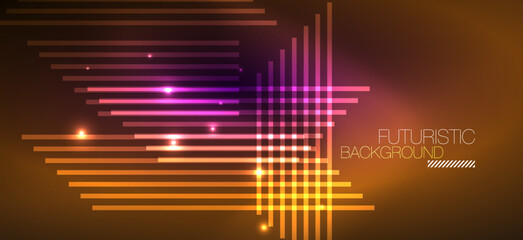 Background neon glowing lines and geometric shapes. Lights in the dark wallpaper for concept of AI technology, blockchain, digital, communication, 5G, science