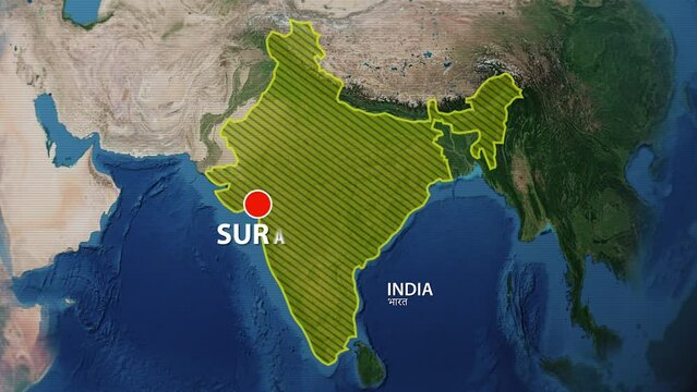 Designation of the borders of India on the map and the mark of the location of the city of Surat