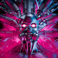 Toxic artificial intelligence - 3D illustration of science fiction cyberpunk skull faced cyborg with respirator connected to computer core - 523475432
