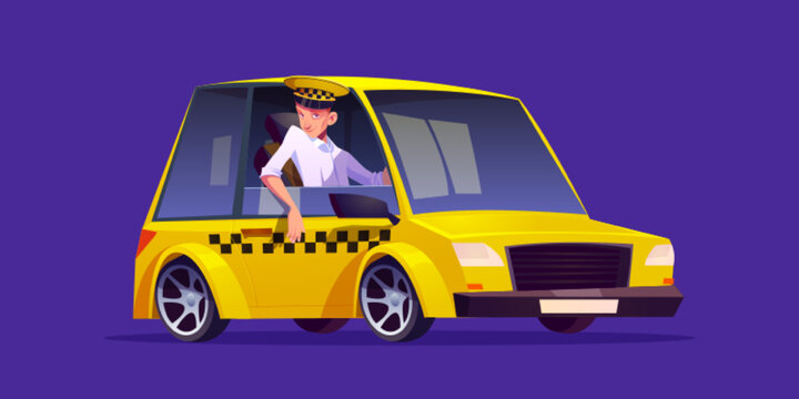 Taxi car with driver in uniform. Taxi service, commercial transportation. Professional cabman, chauffeur in shirt sitting in yellow vehicle isolated on background, vector cartoon illustration