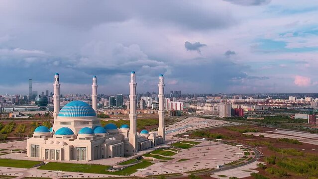 Nur-Sultan, Kazakhstan - August 8, 2022: largest mosque in Central Asia, Astana Aerial drone view.