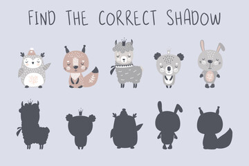 \Find correct shadow. Kids educational game. Forest animals. Owl, koala, lama, rabbit and squirrel. Cute wildlife in scandinavian style. Logic game, workpage template.
