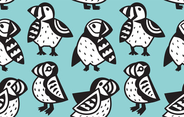 Black and white decorative Puffins seamless pattern