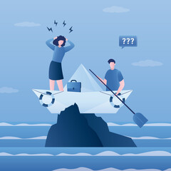 Hopeless businesspeople stuck on shipwrecked on high cliff. Life or business stuck, struggle with problem or obstacle. Mistake or failure cause hopeless situation, business difficulty.