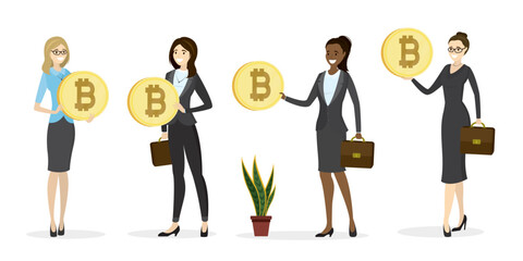 Set of various business woman holding bitcoins. Multiethnic women traders with cryptocurrencies. Successful entrepreneurs with profit. Group of confident female characters.