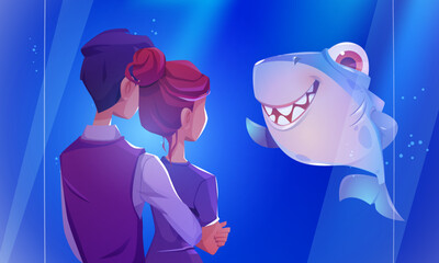 People visit aquarium, young couple rear view hugging stand at glass wall with funny shark swimming in blue water. Characters in oceanarium watching sea and ocean animals, Cartoon vector illustration