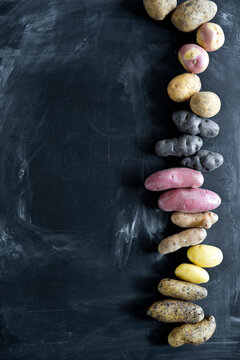 Studio shot of different varieties of potatoes flat laid against black background